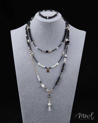 Komplet biżuterii naszyjnik bransoletka z kamieni naturalnych: TURMALIN, KRYSZTAŁ GÓRSKI, NOC KAIRU