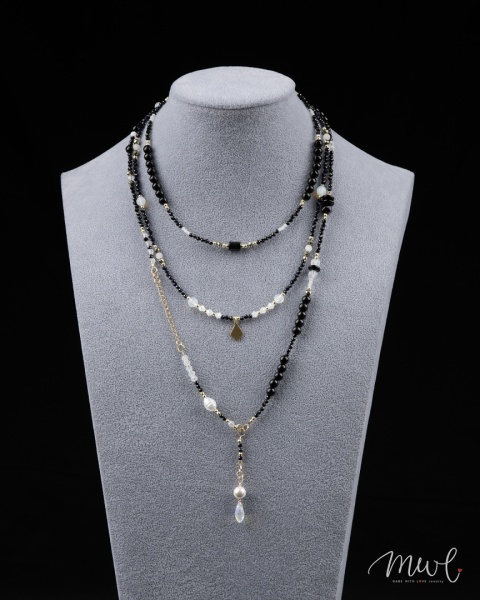 Komplet biżuterii naszyjnik bransoletka z kamieni naturalnych: TURMALIN, KRYSZTAŁ GÓRSKI, NOC KAIRU