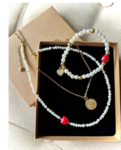 Komplet z kamieni naturalnych, naszyjnik plus bransoletka: HEMATYT, PERŁA SŁODKOWODNA