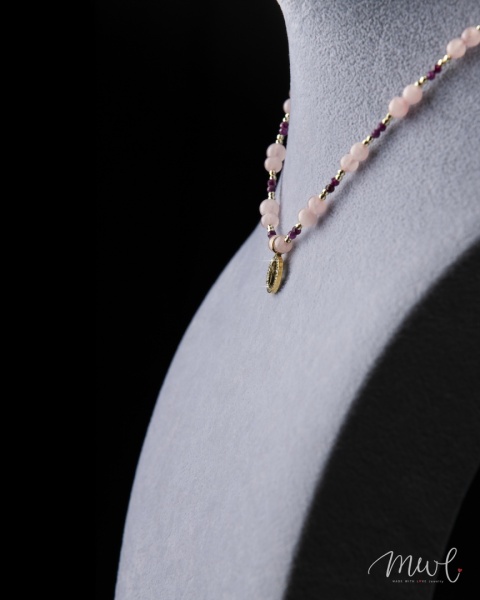 Naszyjnik z kamieni naturalnych: KWARC RÓŻOWY, RUBIN, HEMATYT