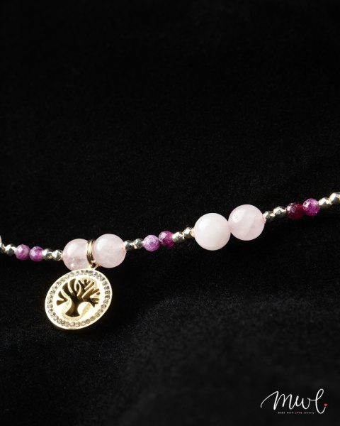 Naszyjnik z kamieni naturalnych: KWARC RÓŻOWY, RUBIN, HEMATYT