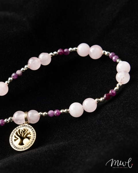 Naszyjnik z kamieni naturalnych: KWARC RÓŻOWY, RUBIN, HEMATYT