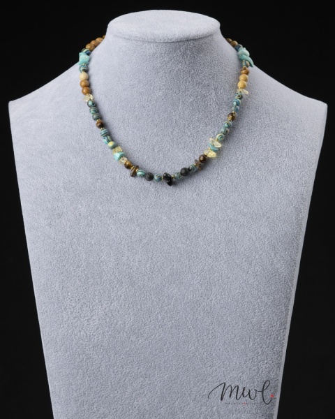 Naszyjnik z kamieni naturalnych: TURKUS, CYTRYN, OBSYDIAN, TYGRYSIE OKO