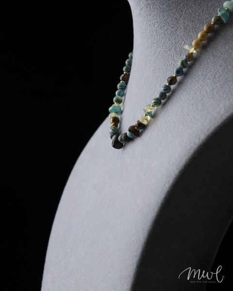 Naszyjnik z kamieni naturalnych: TURKUS, CYTRYN, OBSYDIAN, TYGRYSIE OKO