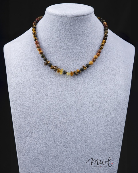 Naszyjnik z kamieni naturalnych: TYGRYSIE OKO, CYTRYN, LAWA WULKANICZNA