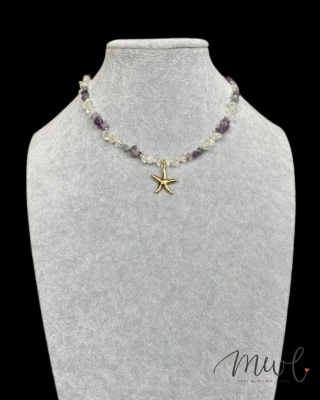 Naszyjnik z kamieni naturalnych: AMETYST, FLUORYT, KRYSZTAŁ GÓRSKI, HEMATYT, JADEIT TANZANITOWY