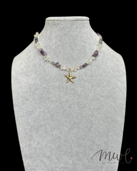 Naszyjnik z kamieni naturalnych: AMETYST, FLUORYT, KRYSZTAŁ GÓRSKI, HEMATYT, JADEIT TANZANITOWY