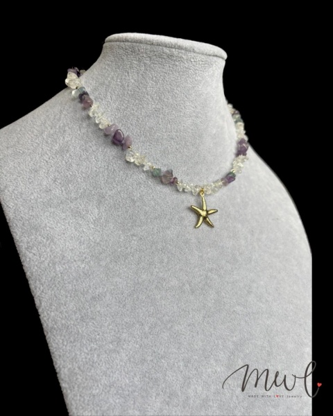 Naszyjnik z kamieni naturalnych: AMETYST, FLUORYT, KRYSZTAŁ GÓRSKI, HEMATYT, JADEIT TANZANITOWY