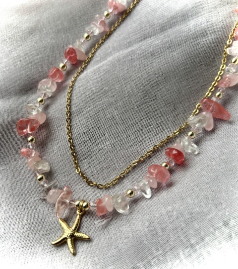 Naszyjnik z kamieni naturalnych: KWARC RÓŻOWY, KRYSZTAŁ GÓRSKI, HEMATYT