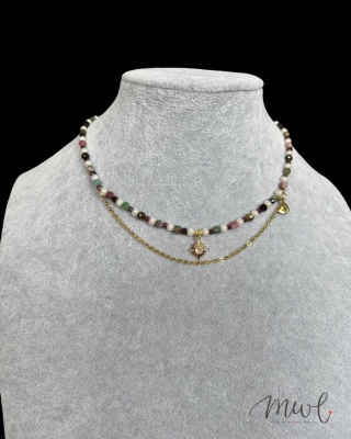 Naszyjnik z kamieni naturalnych: TURMALIN KOLOROWY, GRANAT, MASA PERŁOWA