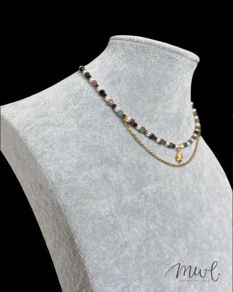 Naszyjnik z kamieni naturalnych: TURMALIN KOLOROWY, GRANAT, MASA PERŁOWA