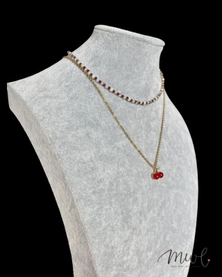 Podwójny naszyjnik z kamieni naturalnych: GRANAT, KRYSZTAŁ GÓRSKI, MASA PERŁOWA